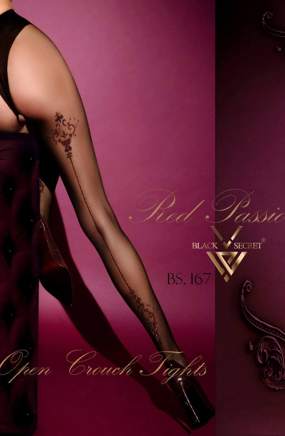 Black Secret Crotchless Floral Seam Tights Sheer Black with Berry Red Detail