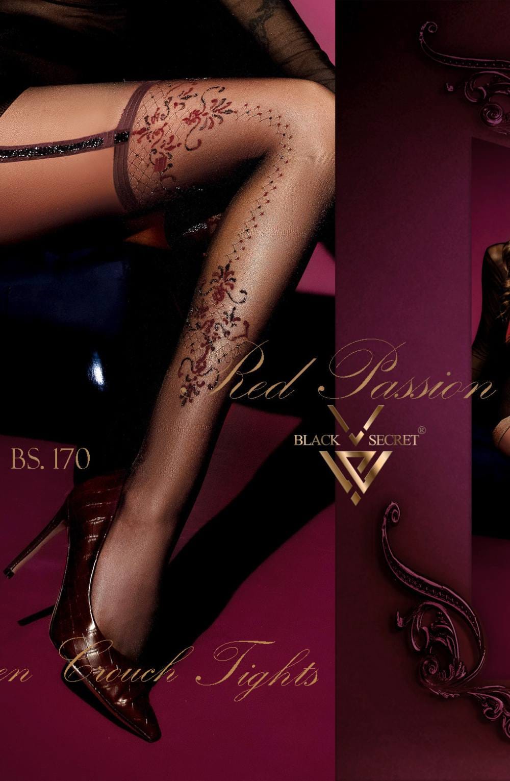 Black Secret Crotchless Tights Sheer Black with Berry Rose Floral Patterns & Faux Suspenders