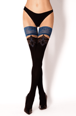 Black Secret Black Hold Ups with Blue Lace Top & Blue Detail