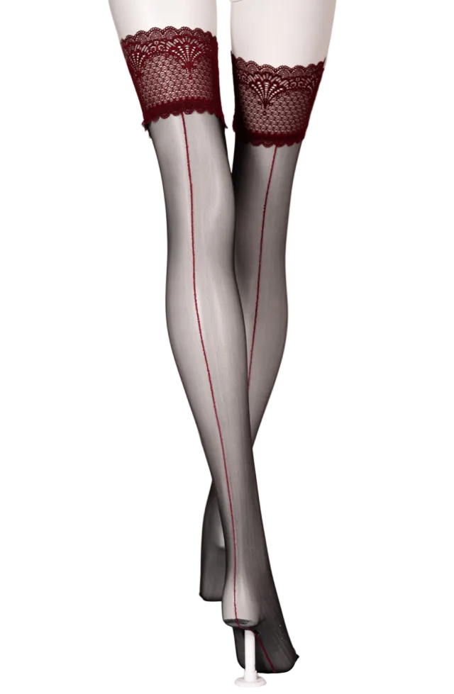 Black Secret Sheer Black Hold Ups with Burgundy Red Back Seams & Lace Tops