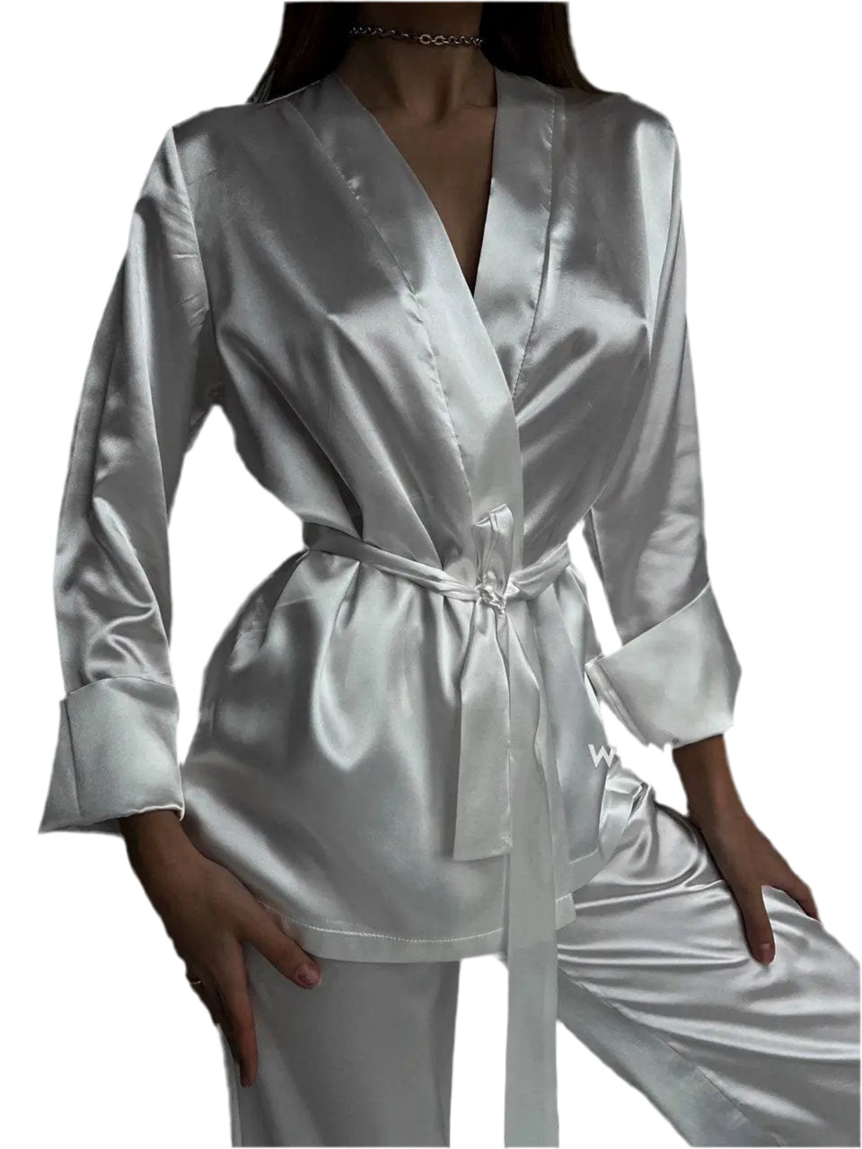 ELEGANCE Women’s White Satin 2 Piece Tie Waist Loungewear Set