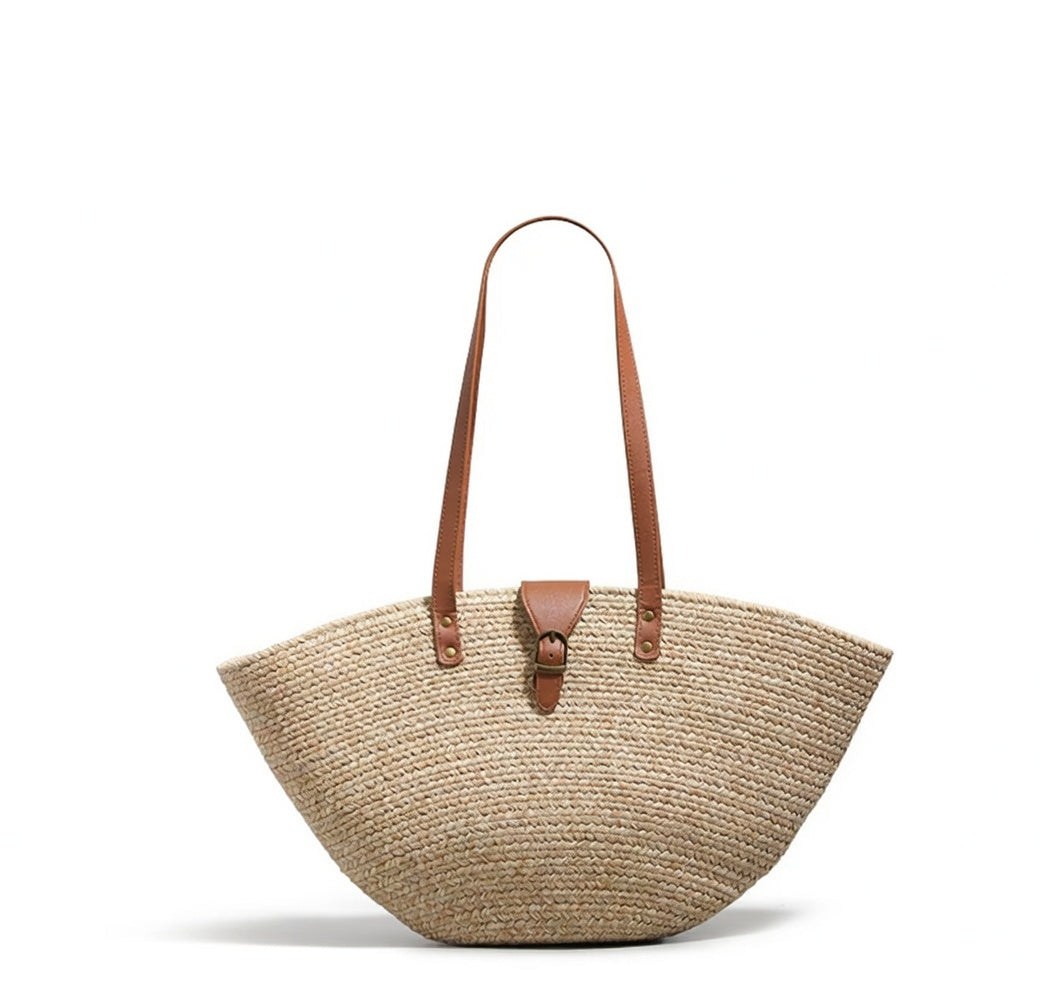 French Style Woven Raffia Basket Bag with Tan Leather Handle — Women's Market Summer Tote