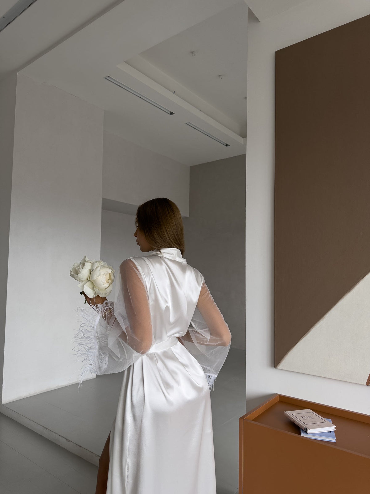 GODDESS Women’s Personalised White Satin Bridal Robe with Feather Trim
