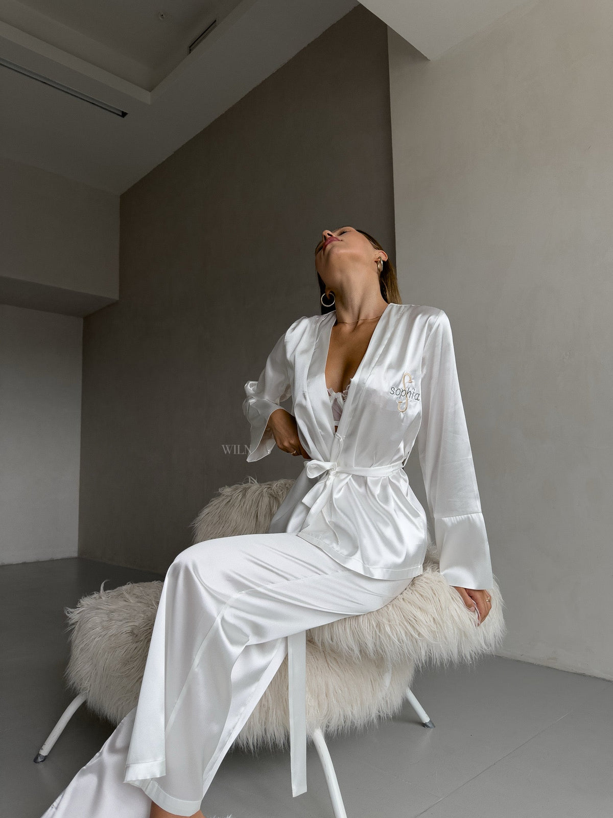 ELEGANCE Women’s Personalised 2 Piece Luxurious White Satin Loungewear Set