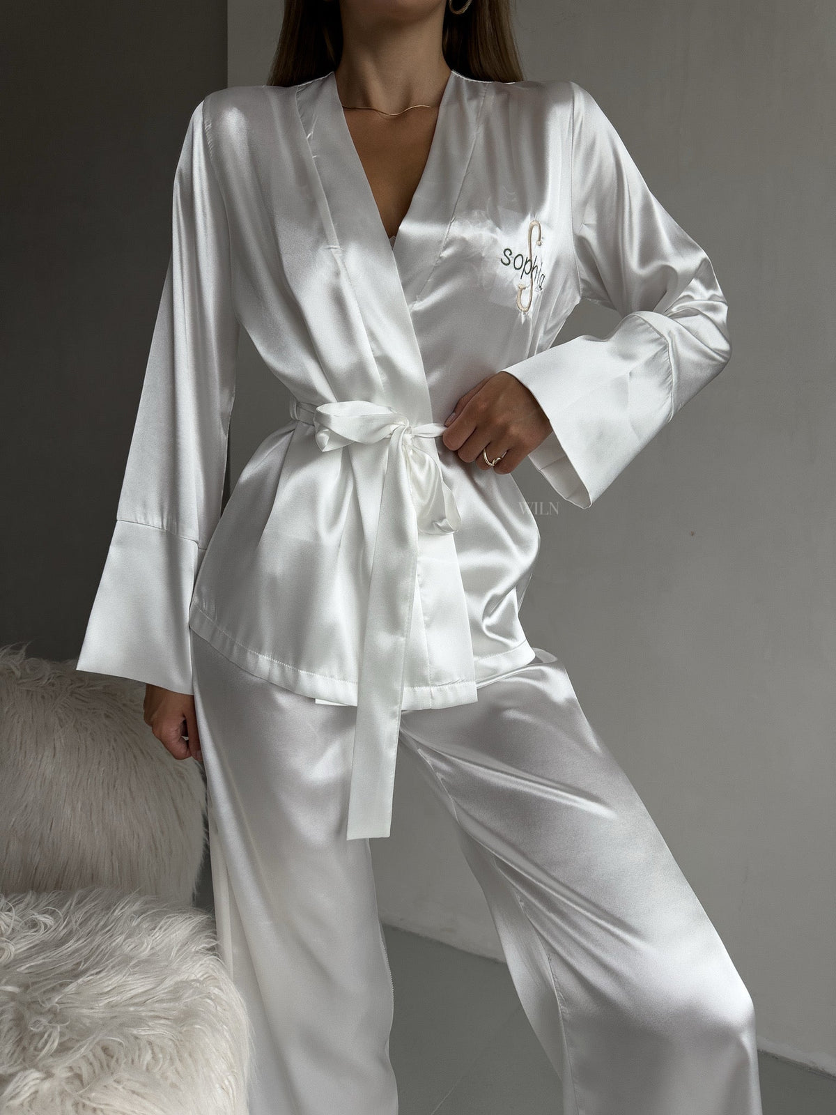 ELEGANCE Women’s Personalised 2 Piece Luxurious White Satin Loungewear Set