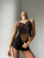 WHISPER Women’s Black 2 Piece Mesh & Lace Crop Top & Shorts Set L