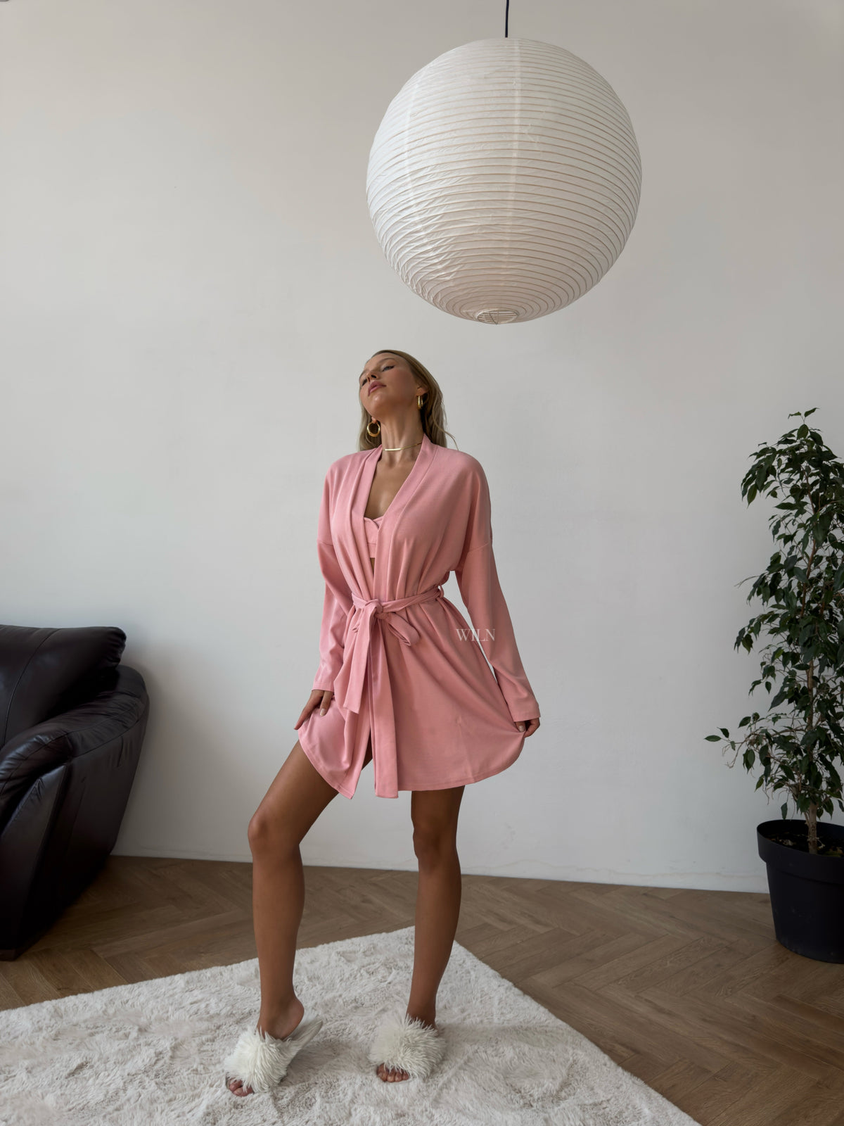PEACE Women’s 3 Piece Crop Top Shorts Loungewear Set & Matching Robe in Blushed Peony Pink