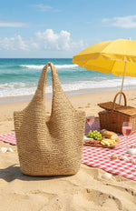 Slouchy Natural Straw Raffia Tote Bag — Triangular Beach Bag with Wide Shoulder Straps