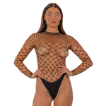 Lace by LJ Black Fence Net Long-Sleeve Thong Bodysuit