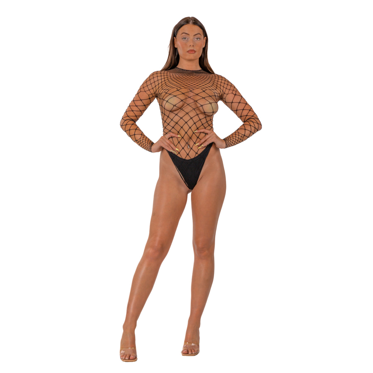 Lace by LJ Black Fence Net Long-Sleeve Thong Bodysuit