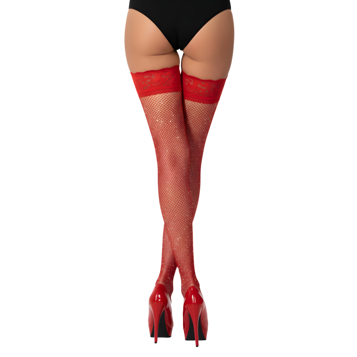 Lace by LJ Black & Red Fishnet Thigh-High Stockings with Rhinestones