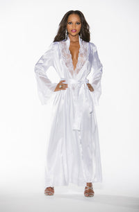 Shirley of Hollywood Long Lace Trim Robe with Padded Shoulders in White