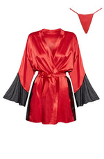 Beauty Night Sara Black Lace Mesh Flared Sleeve Red Satin Peignoir & Thong Set