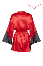 Beauty Night Sara Black Lace Mesh Flared Sleeve Red Satin Peignoir & Thong Set