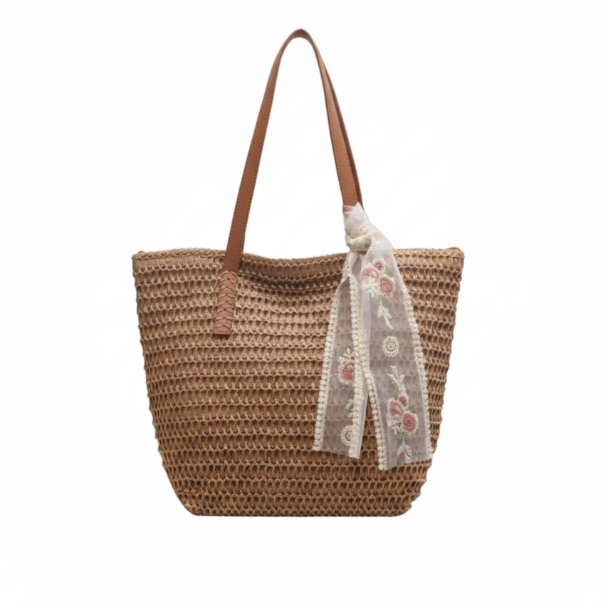 Natural Straw Woven Raffia Shopper Tote Bag — Women's Large Summer Beach Bag