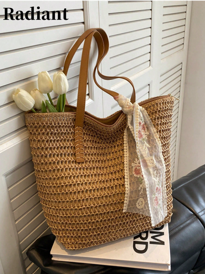 Natural Straw Woven Raffia Shopper Tote Bag — Women's Large Summer Beach Bag – alternate view 3