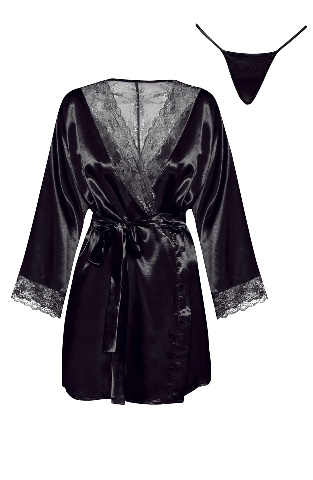 Beauty Night Sherie Peignoir Satin Black Robe & Thong Set