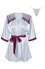Beauty Night Summer Satin Burgundy Accent Lace Wide Sleeve Silver Peignoir Robe & Thong Set