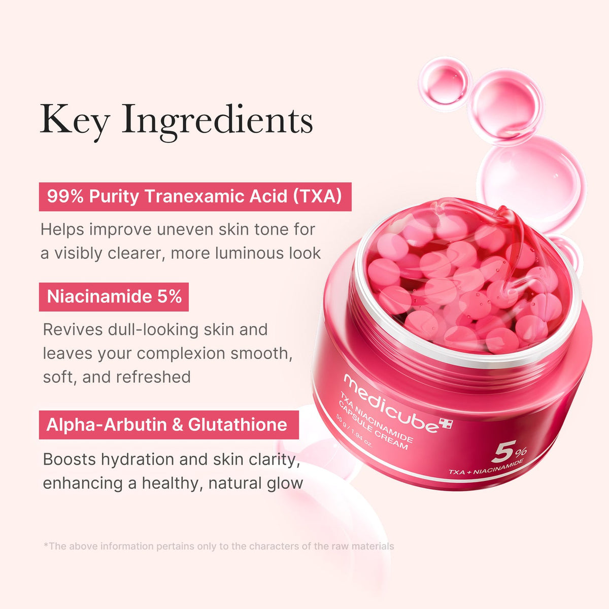 Medicube TXA Niacinamide Capsule Cream open jar and capsule texture