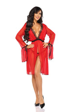Beauty Night Valentina Sheer Mesh Lace Deep V Bell Sleeve Peignoir Red