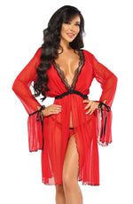 Beauty Night Valentina Sheer Mesh Lace Deep V Bell Sleeve Peignoir Red