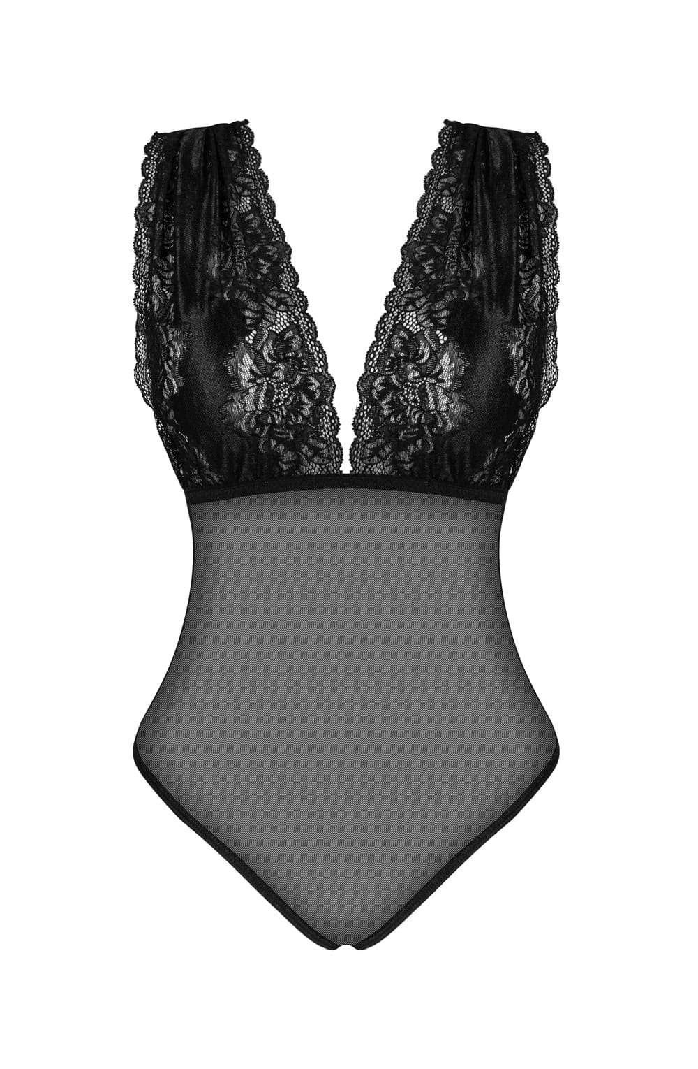 Beauty Night Veronica Sultry Lace Shimmering Tulle Deep Neckline Cross-Back Teddy Black
