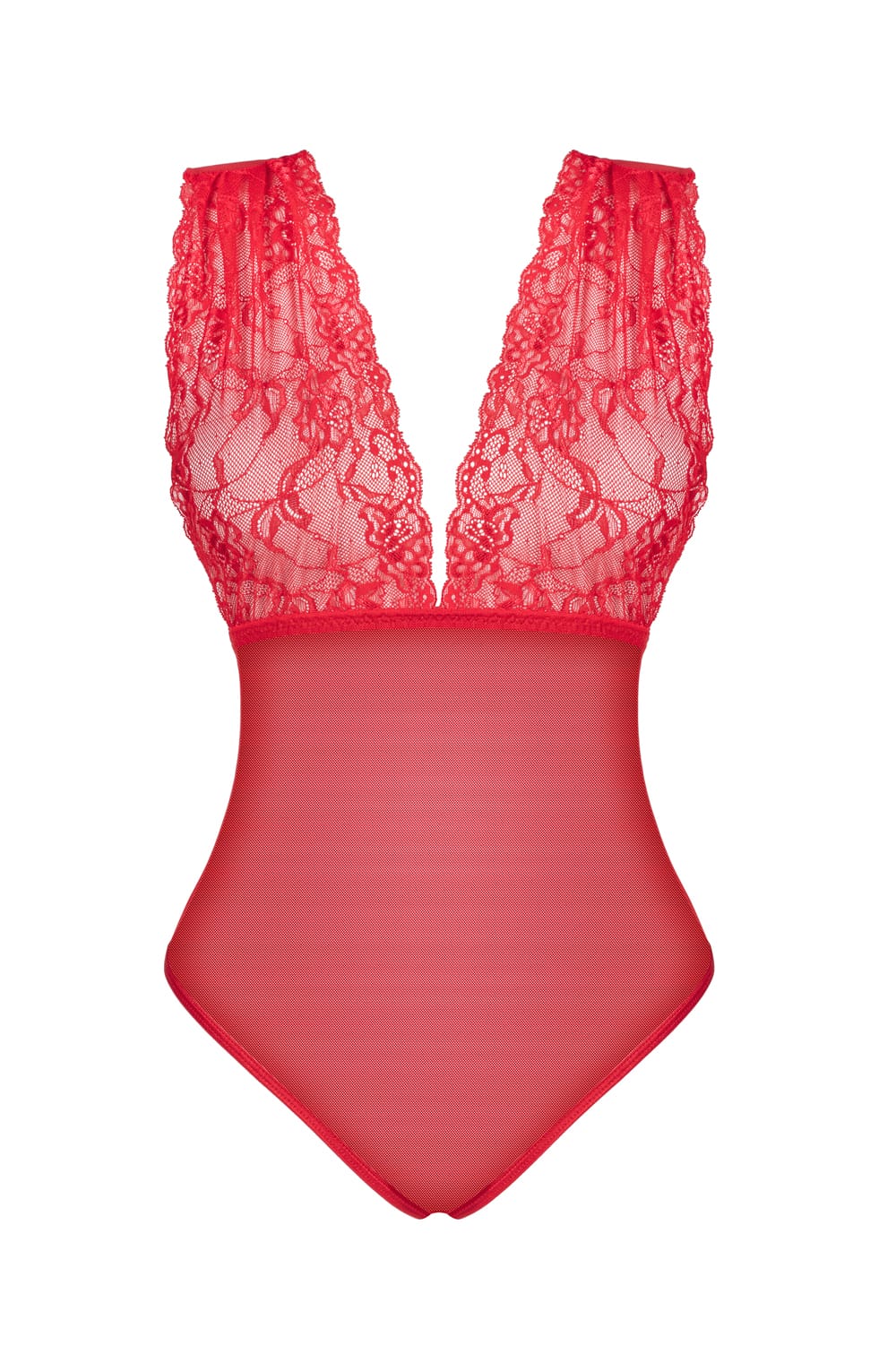 Beauty Night Veronica Sultry Lace Shimmering Tulle Deep Neckline Cross-Back Teddy Red