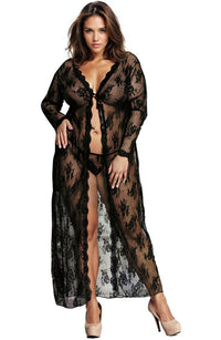 YesX Plus Size Long Black Lace Dressing Gown with Thong