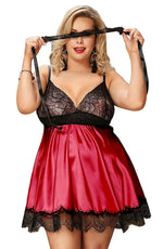 YesX Plus Size Babydoll & Blindfold Black Lace & Red Satin