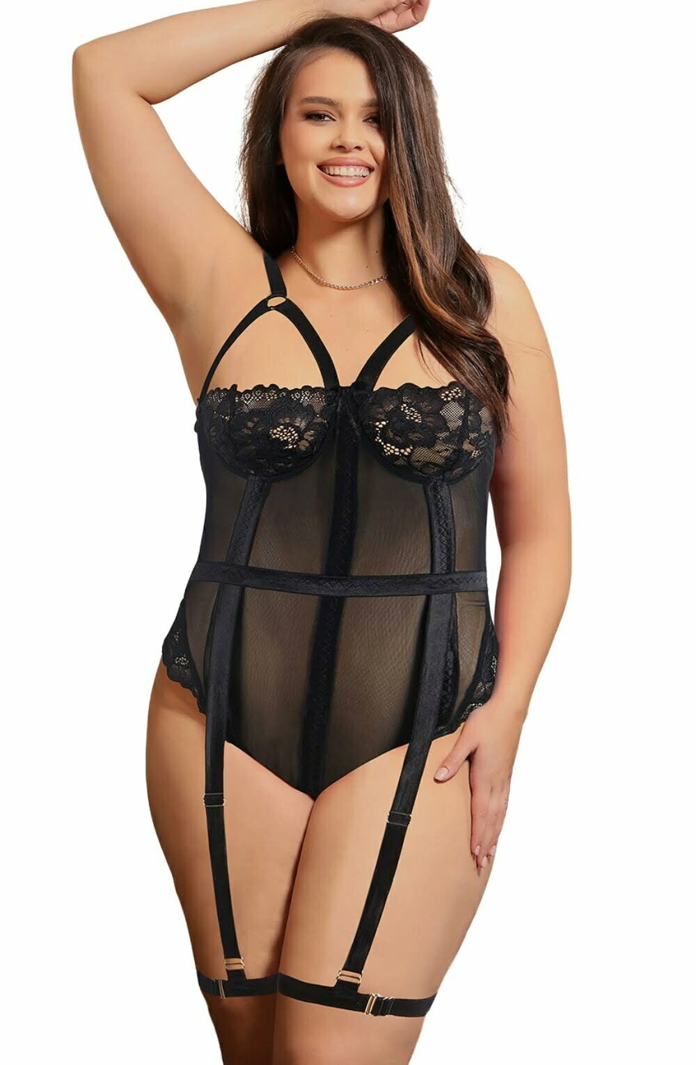 YesX Plus Size Lace Bodysuit Black