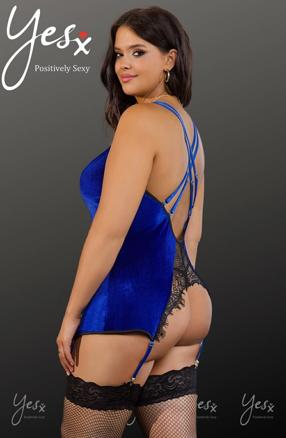 YesX Gartered Black Lace Babydoll Thong Set Blue