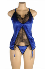 YesX Gartered Black Lace Babydoll Thong Set Blue