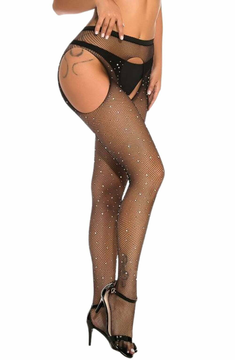 YesX Sparkly Fishnet Crotchless Tights Black