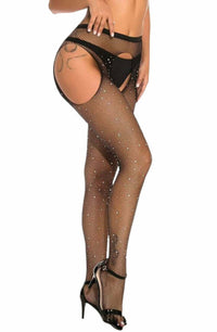YesX Sparkly Fishnet Crotchless Suspender Style Tights in Black