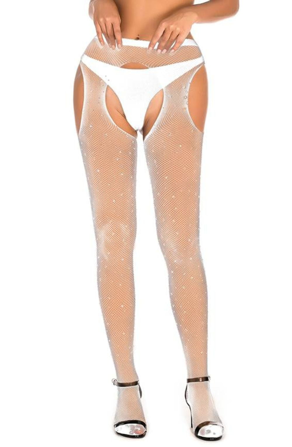 YesX Sparkly Fishnet Crotchless Tights White