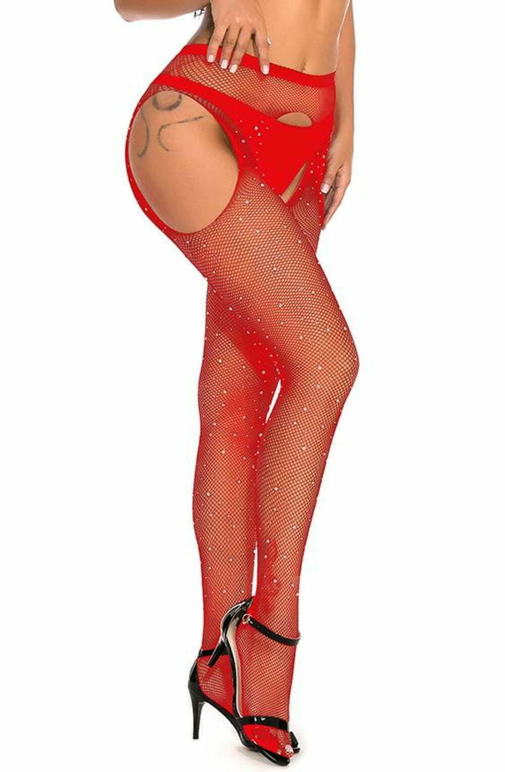 YesX Sparkly Fishnet Crotchless Tights Red