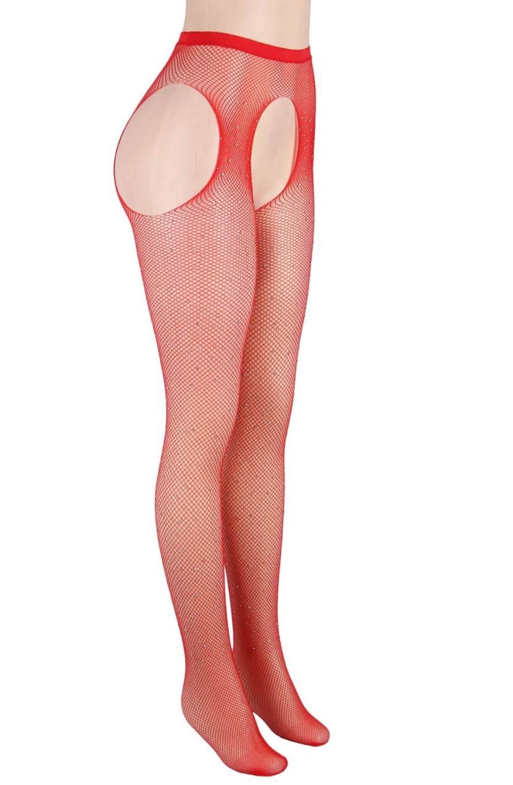 YesX Sparkly Fishnet Crotchless Tights Red