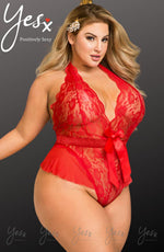 YesX Plus Size Mesh Lace & Bow Hot Red Teddy