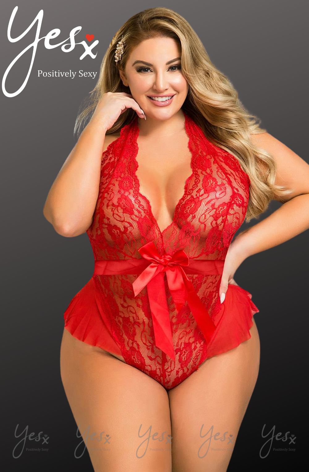 YesX Plus Size Mesh Lace & Bow Hot Red Teddy