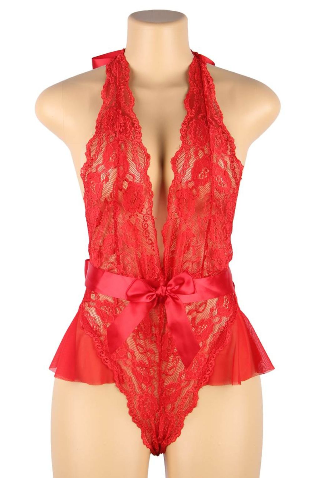 YesX Plus Size Mesh Lace & Bow Hot Red Teddy