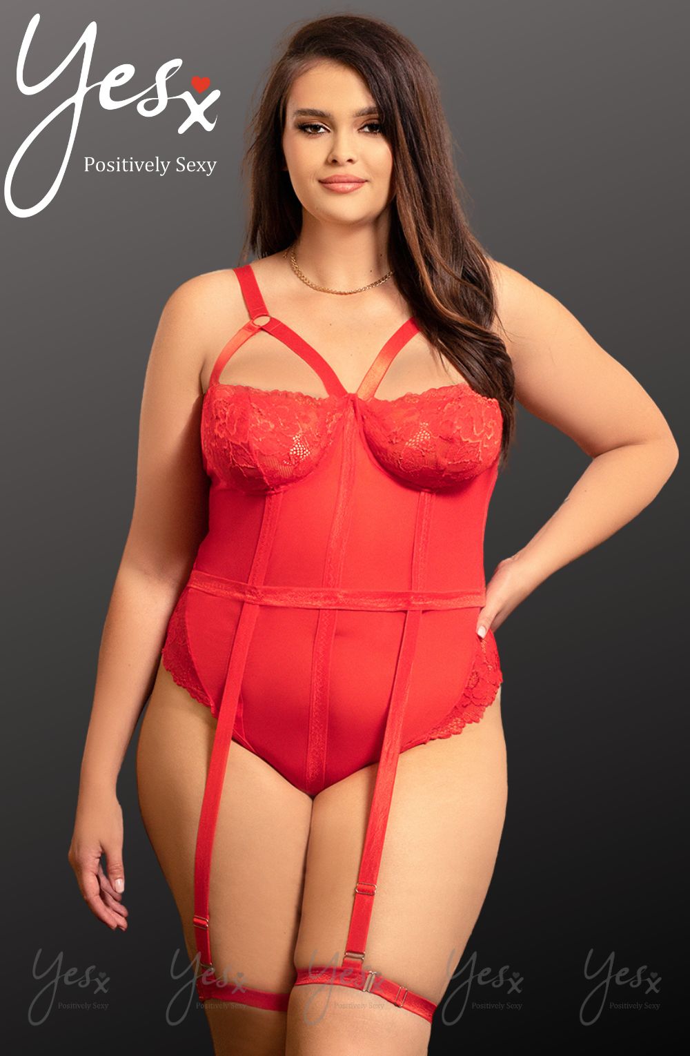 YesX Plus Size Red Lace Bodysuit with Suspenders & Leg Straps