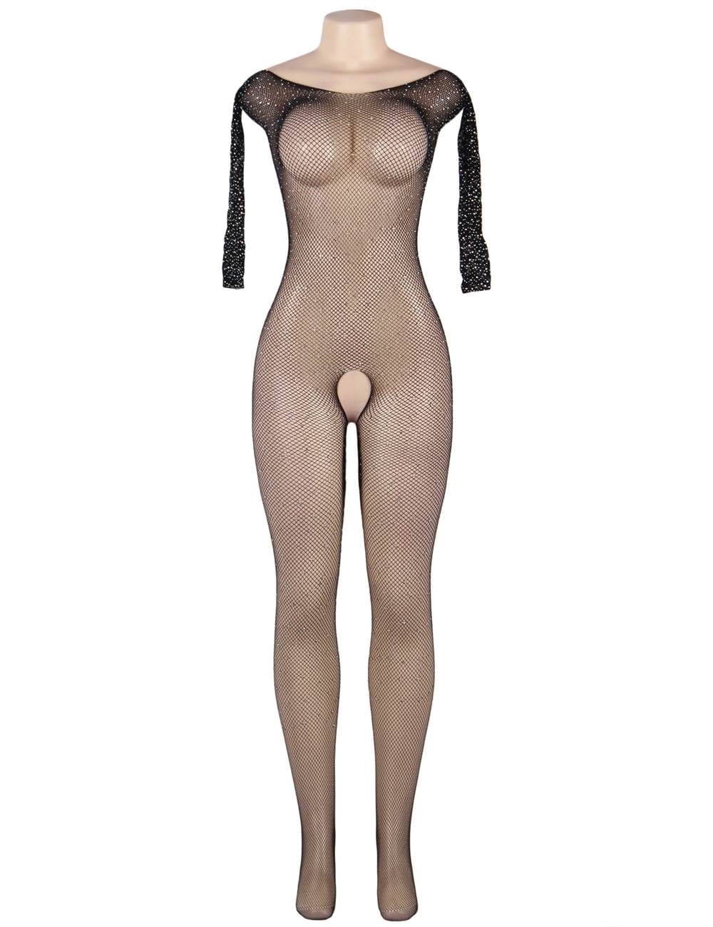 YesX Fishnet Diamante Sparkly Crotchless Full Bodystocking Black