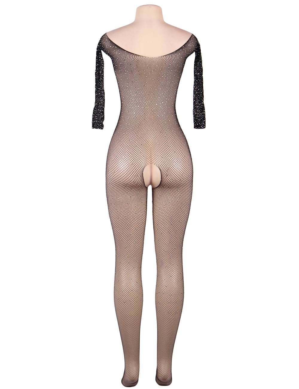 YesX Fishnet Diamante Sparkly Crotchless Full Bodystocking Black
