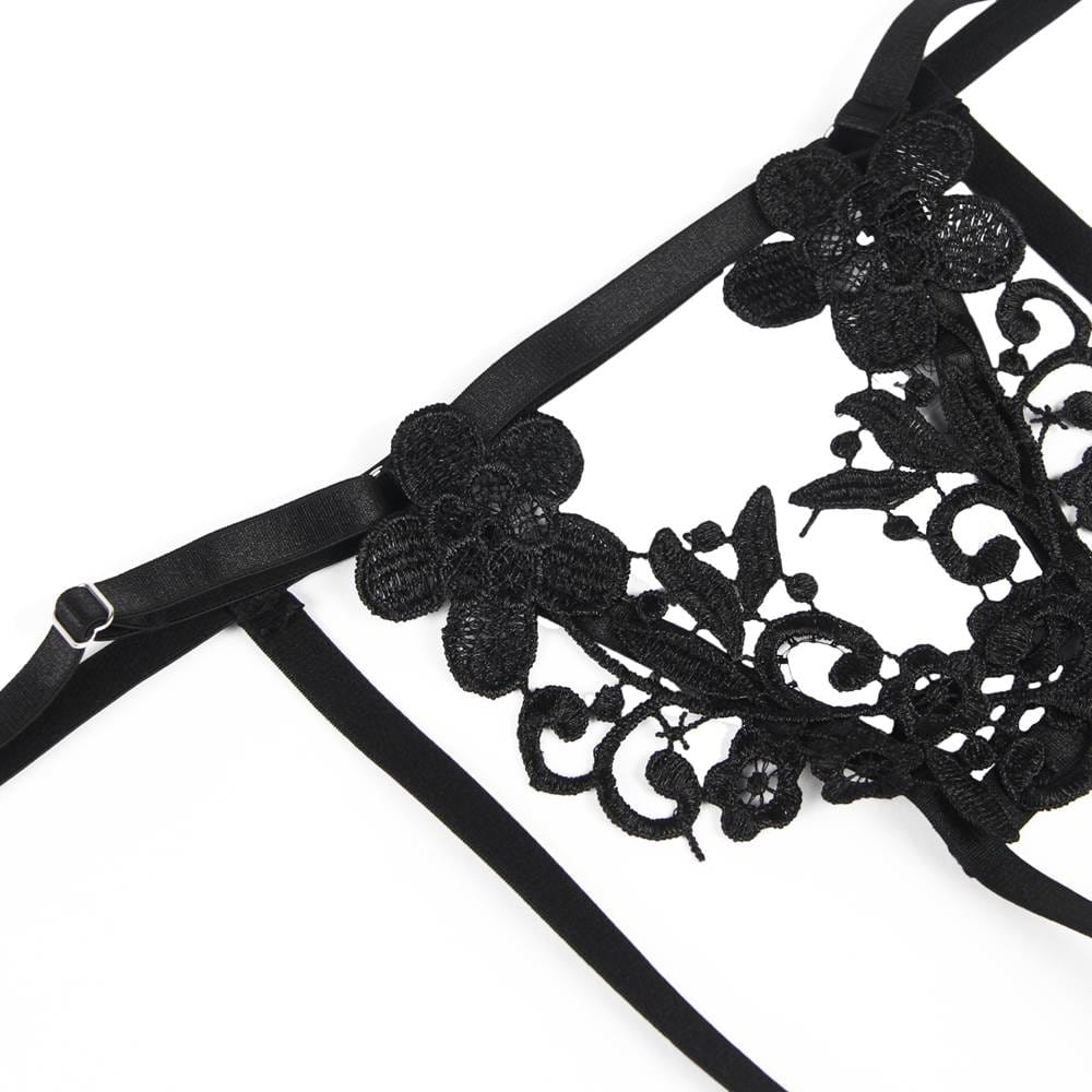 YesX Embroidered Strappy Cut Out 3 Piece Bra, Thong & Garter Lingerie Set