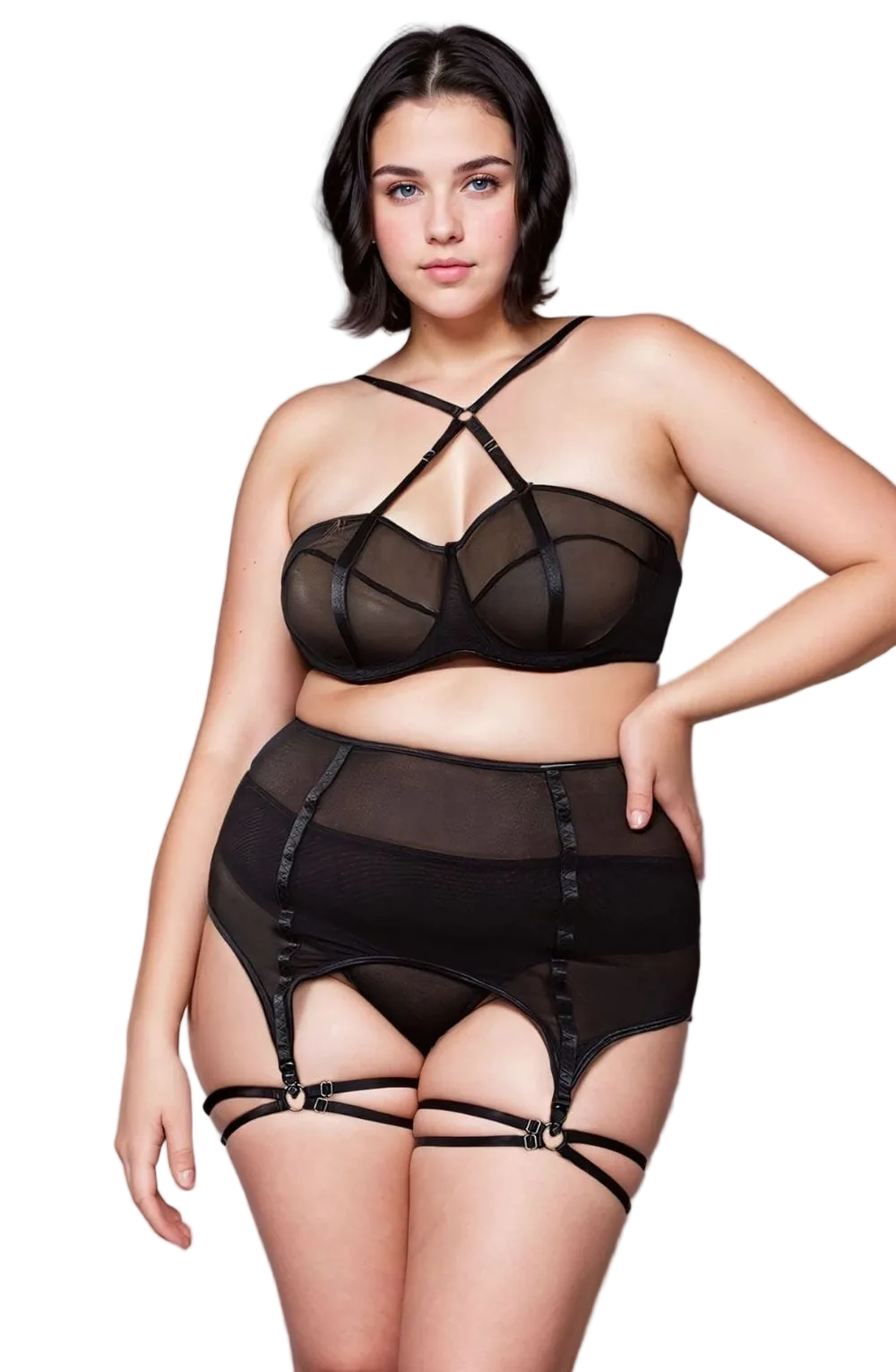 YesX Plus Size Three Piece Bra Mesh Lingerie Set Black