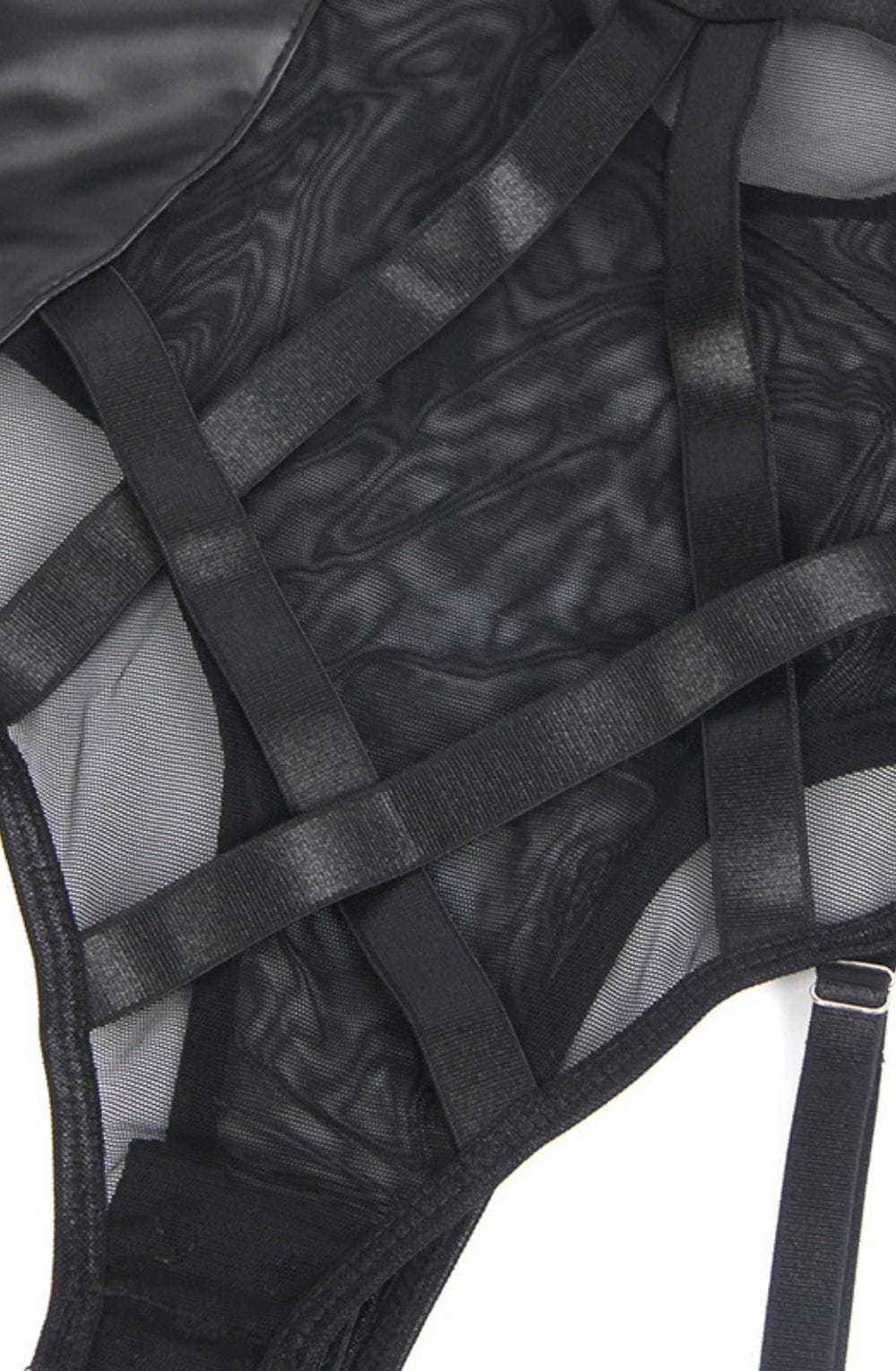 YesX Faux Leather Look Mesh Bodysuit with Garter Straps Black