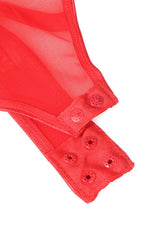 YesX Faux Leather Look Mesh Bodysuit with Garter Straps Red