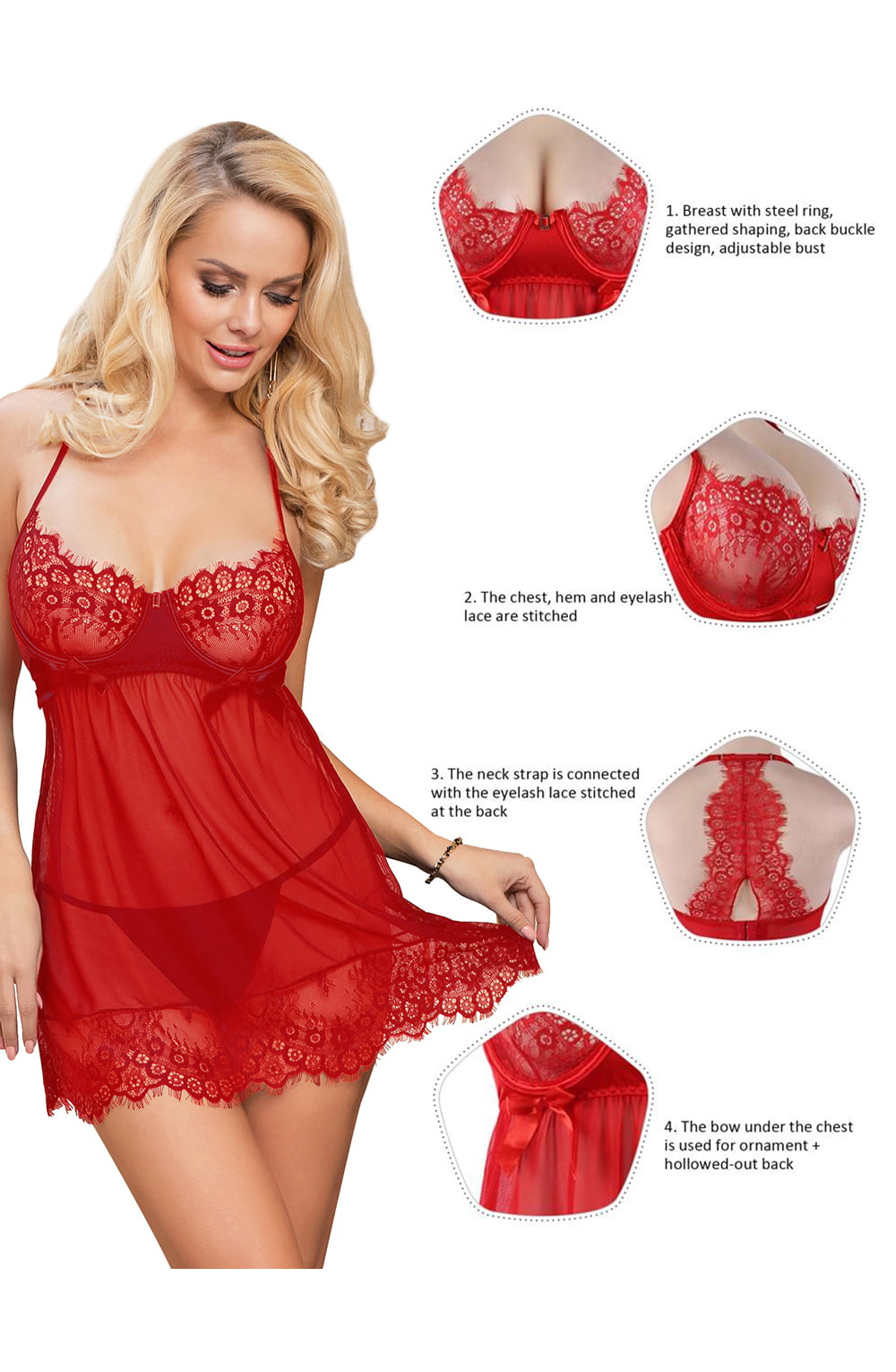 YesX Red Eyelet Lace Strappy Sheer Babydoll Set