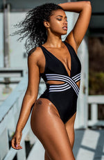 YesX Plunge Cut Out One Piece Swimsuit Black