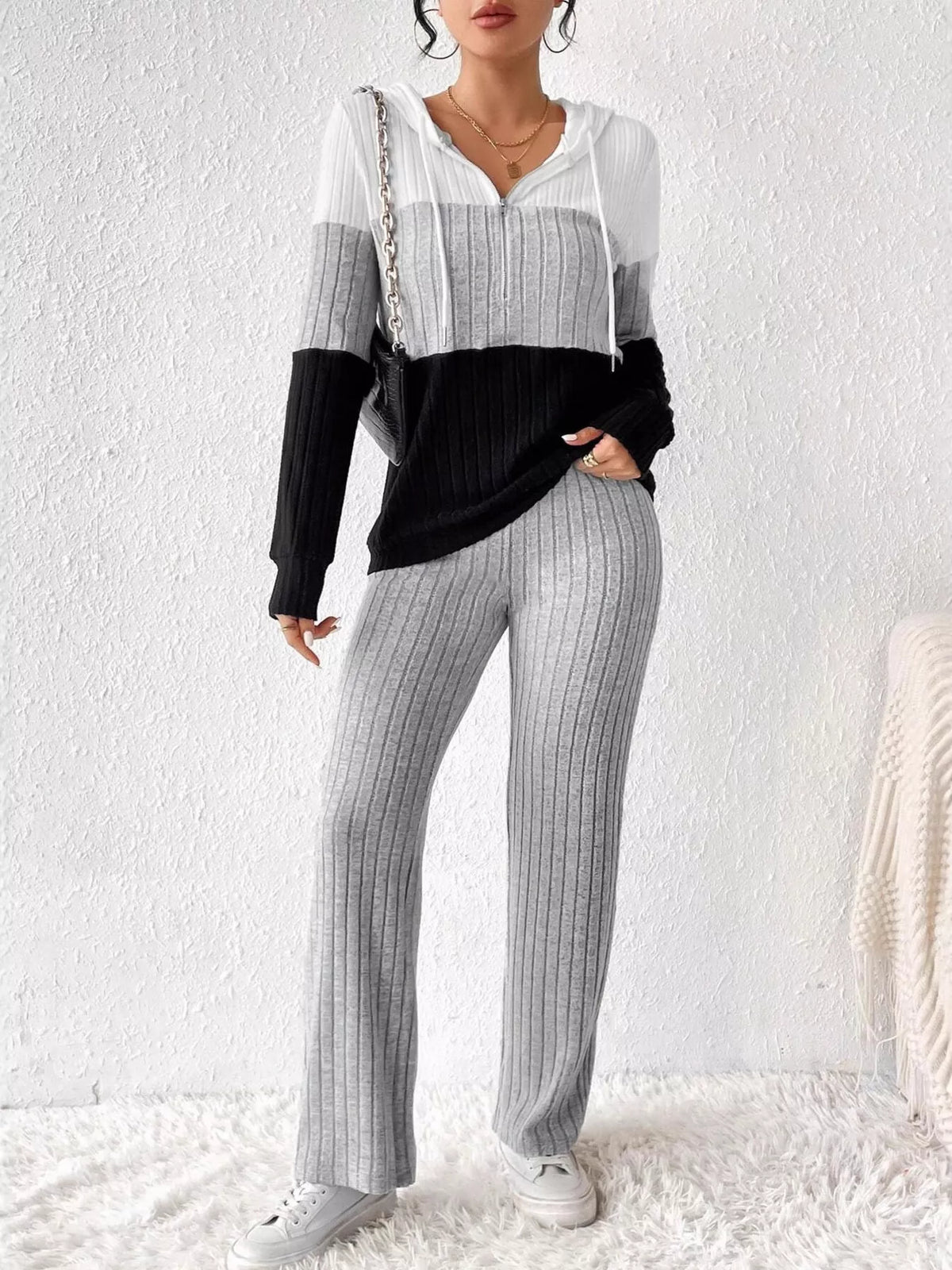 Color Block Half Zip Hooded Top and Pants Loungewear Set